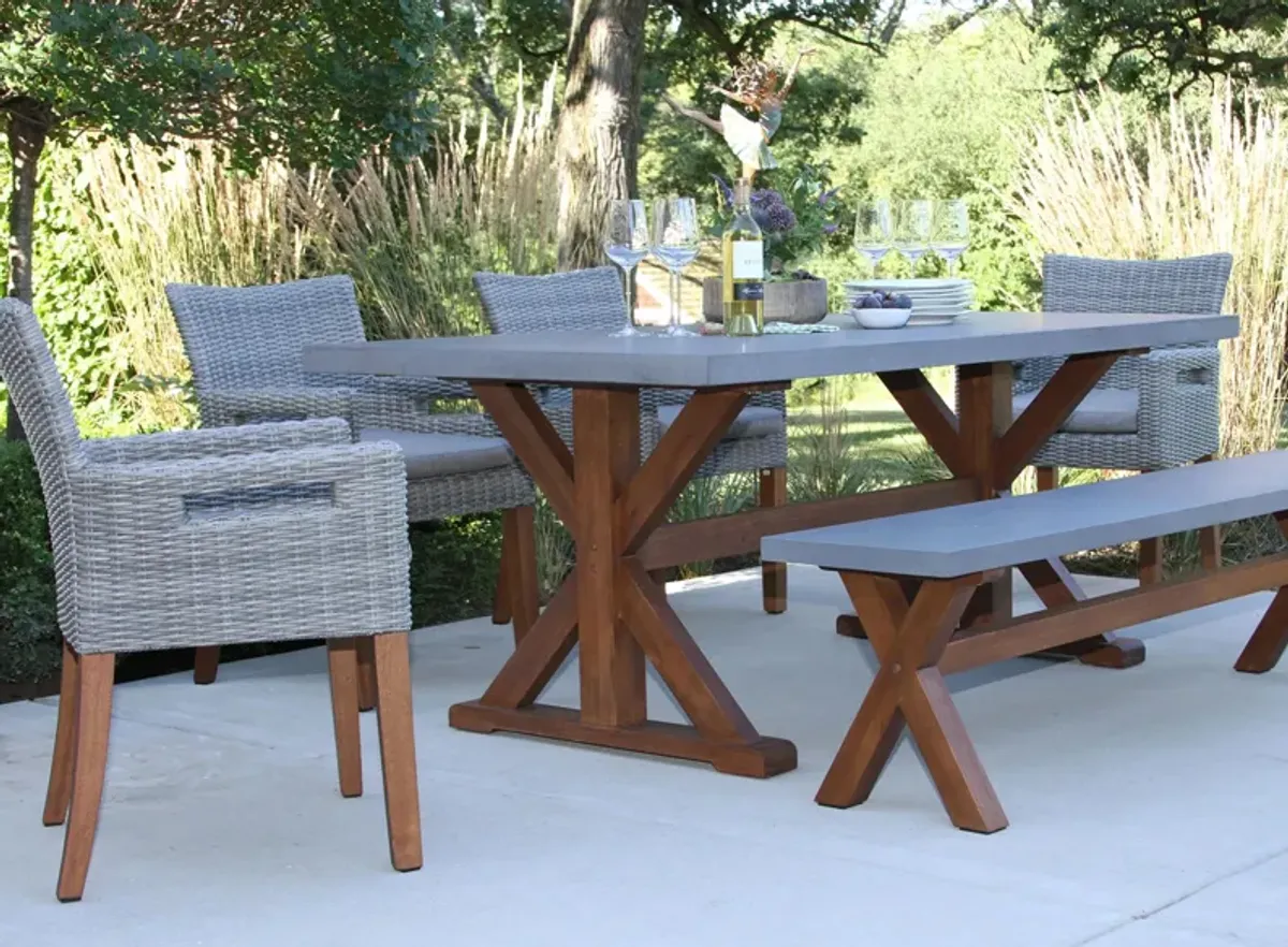 Nautical 6-pc. Wicker and Eucalyptus Outdoor Dining Set w/ Backless Bench in Silver Rope by Outdoor Interiors