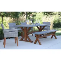 Nautical 6-pc. Wicker and Eucalyptus Outdoor Dining Set w/ Backless Bench in Silver Rope by Outdoor Interiors