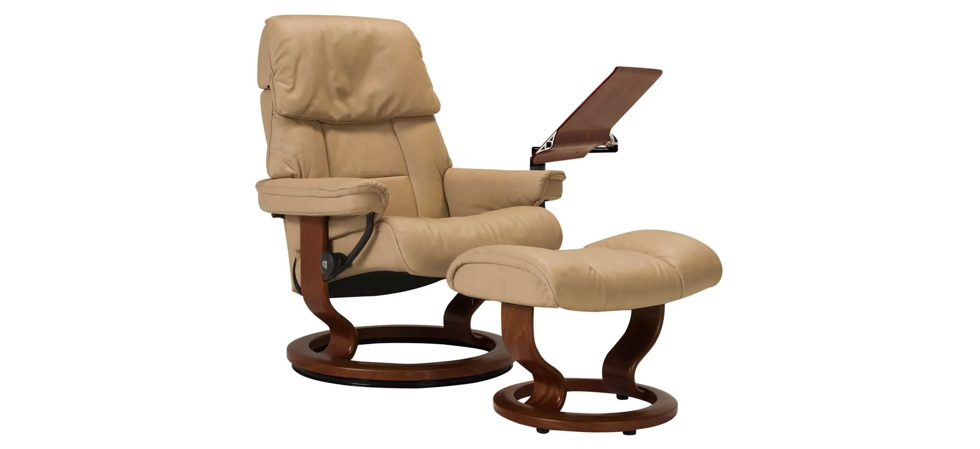 Stressless Ruby Medium Leather Reclining Chair and Ottoman w/ Table in Sand / Brown by Stressless