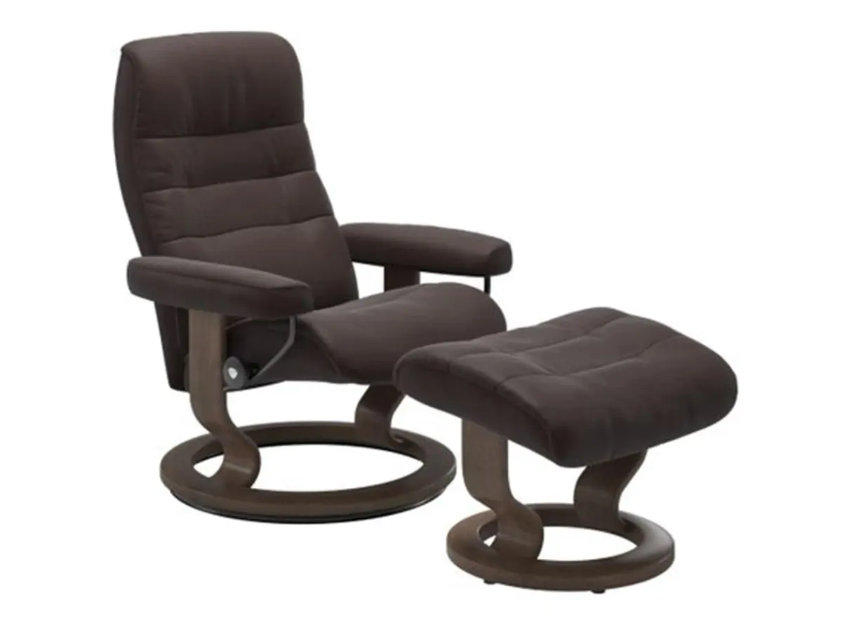 Stressless Opal Large Classic Reclining Chair and Ottoman in Paloma Chocolate/Walnut by Stressless