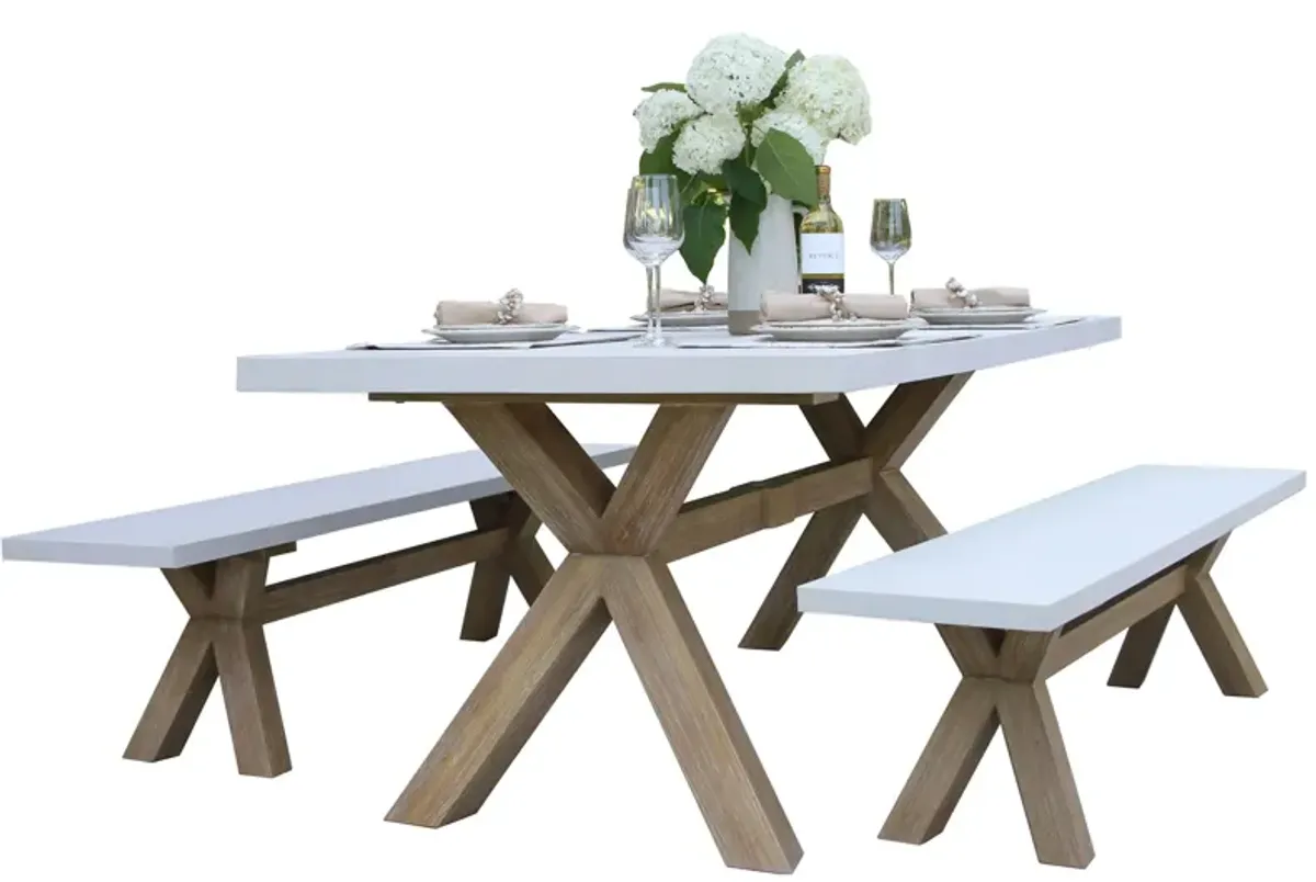 Nautical 3-pc. Eucalyptus Rectangle Outdoor Dining Set w/ Benches in Stone Gray by Outdoor Interiors