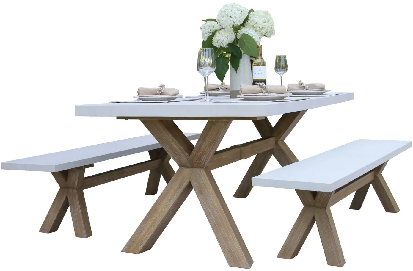 Nautical 3-pc. Eucalyptus Rectangle Outdoor Dining Set w/ Benches in Stone Gray by Outdoor Interiors