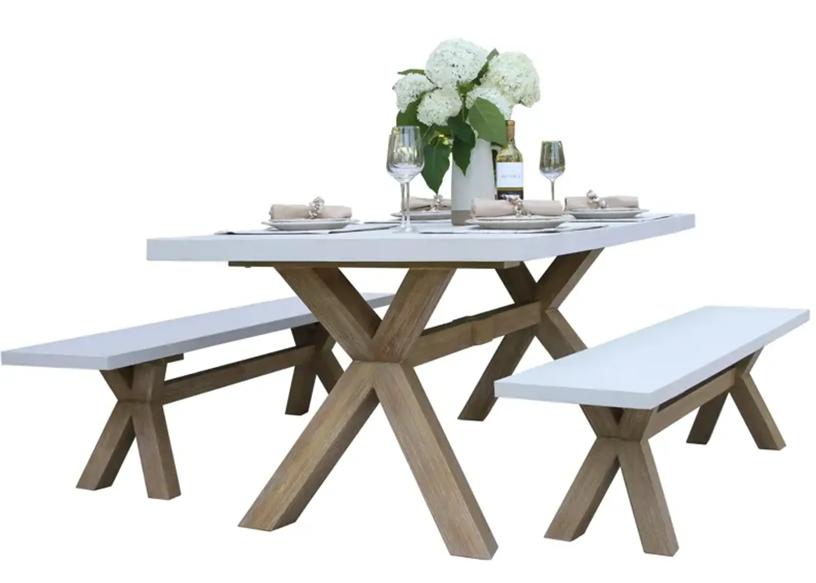 Nautical 3-pc. Eucalyptus Rectangle Outdoor Dining Set w/ Benches in Stone Gray by Outdoor Interiors