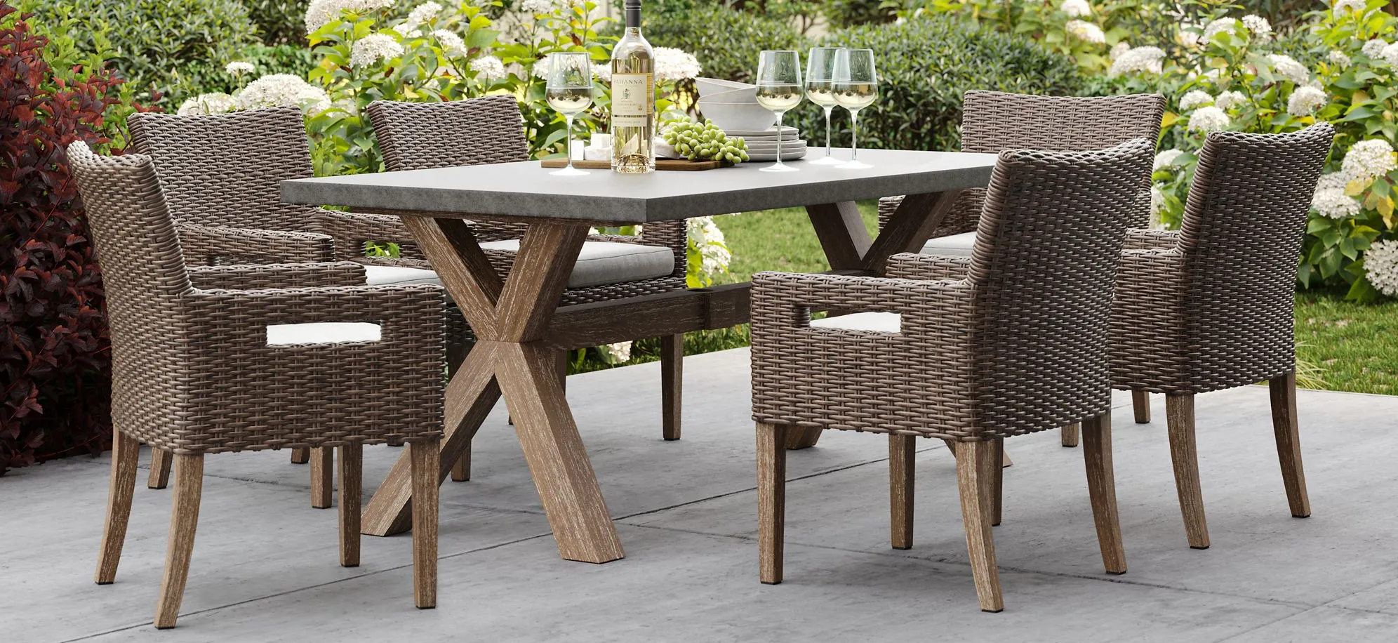 Nautical 7-pc. Wicker and Eucalyptus Rectangle Outdoor Dining Set in Charcoal by Outdoor Interiors