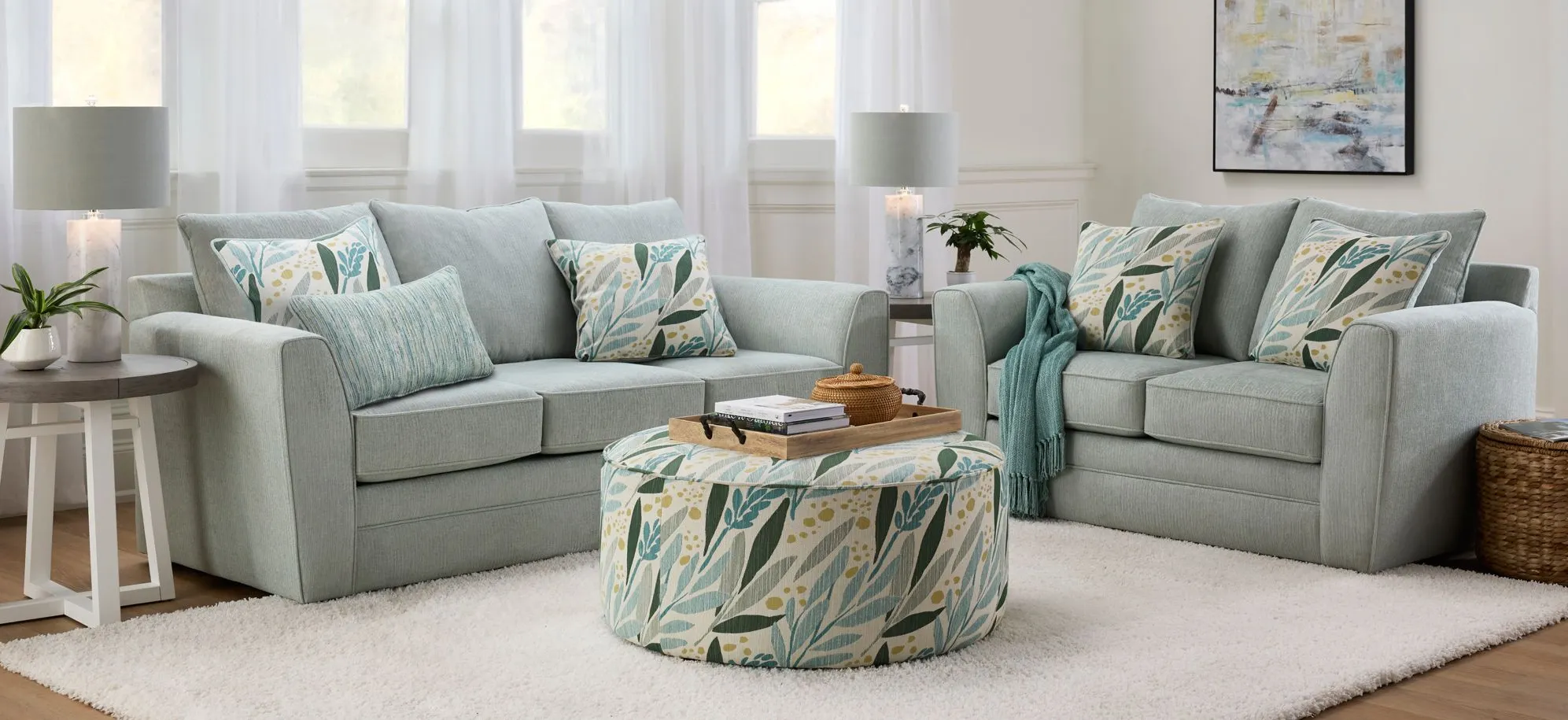 Meadow 2-pc. Sofa and Loveseat in First Times Seafoam;Forest Pansy Evergreen by Fusion Furniture
