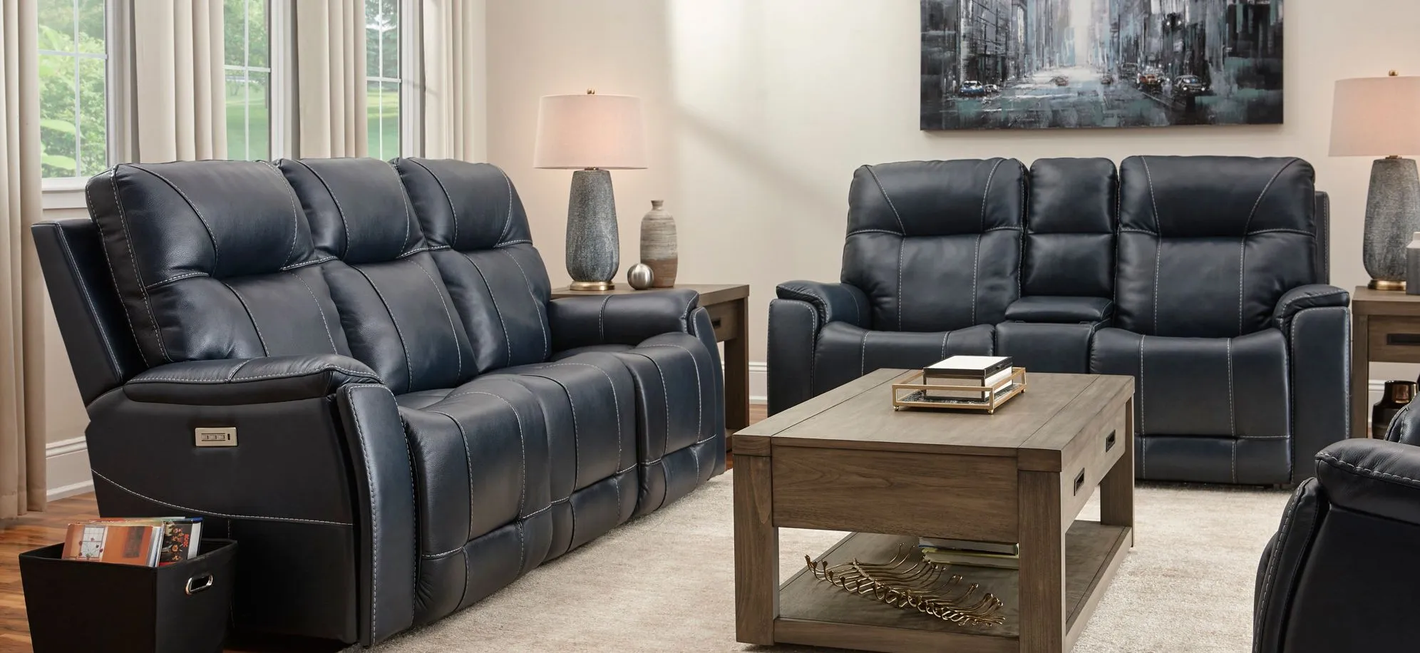 Barnett 2-pc.. Leather Power Sofa and Console Loveseat Set in Blue by Bellanest