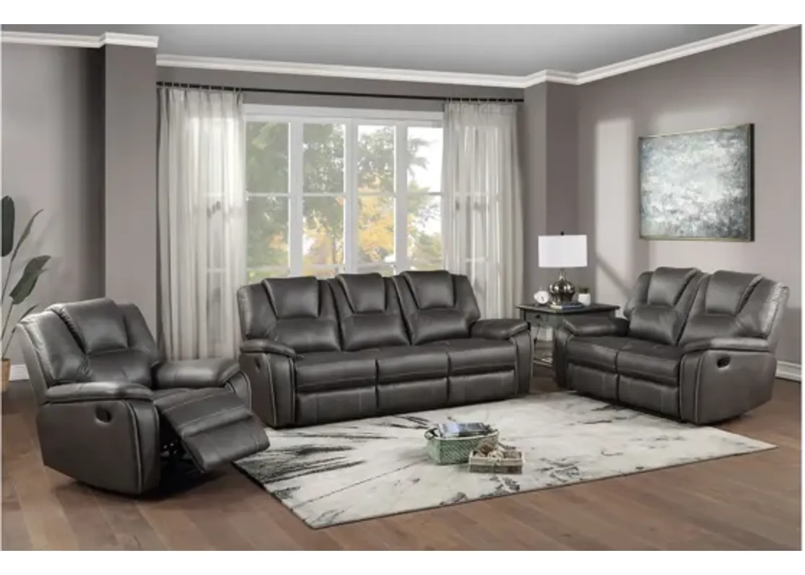 Katrine Reclining Sofa, Loveseat and Chair Set in Charcoal by Steve Silver Co.