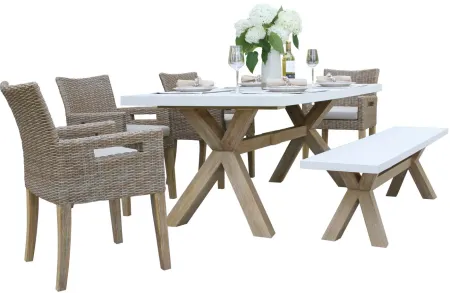 Nautical 6-pc. Wicker and Eucalyptus Rectangle Outdoor Dining Set in Stone Gray by Outdoor Interiors