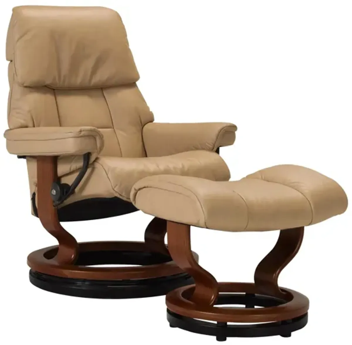 Stressless Ruby Small Leather Reclining Chair and Ottoman w/ Rings in Sand / Brown by Stressless