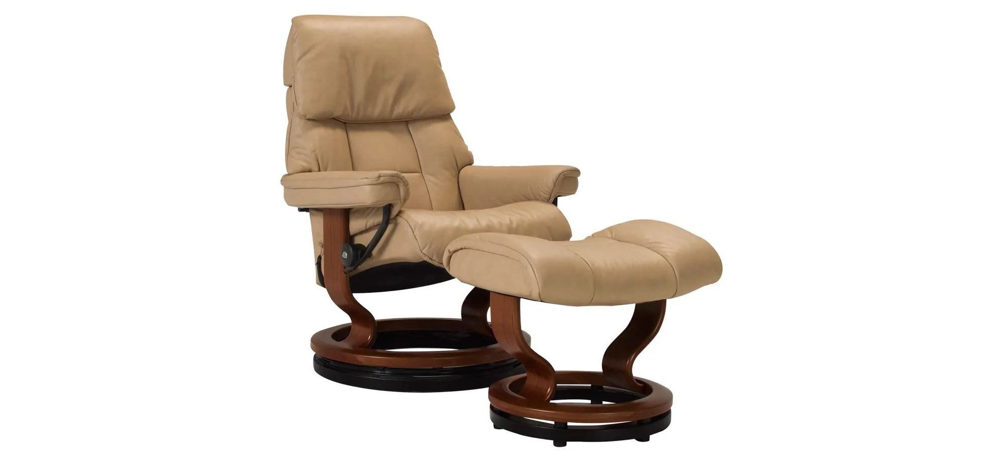 Stressless Ruby Small Leather Reclining Chair and Ottoman w/ Rings in Sand / Brown by Stressless