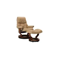 Stressless Ruby Small Leather Reclining Chair and Ottoman w/ Rings in Sand / Brown by Stressless