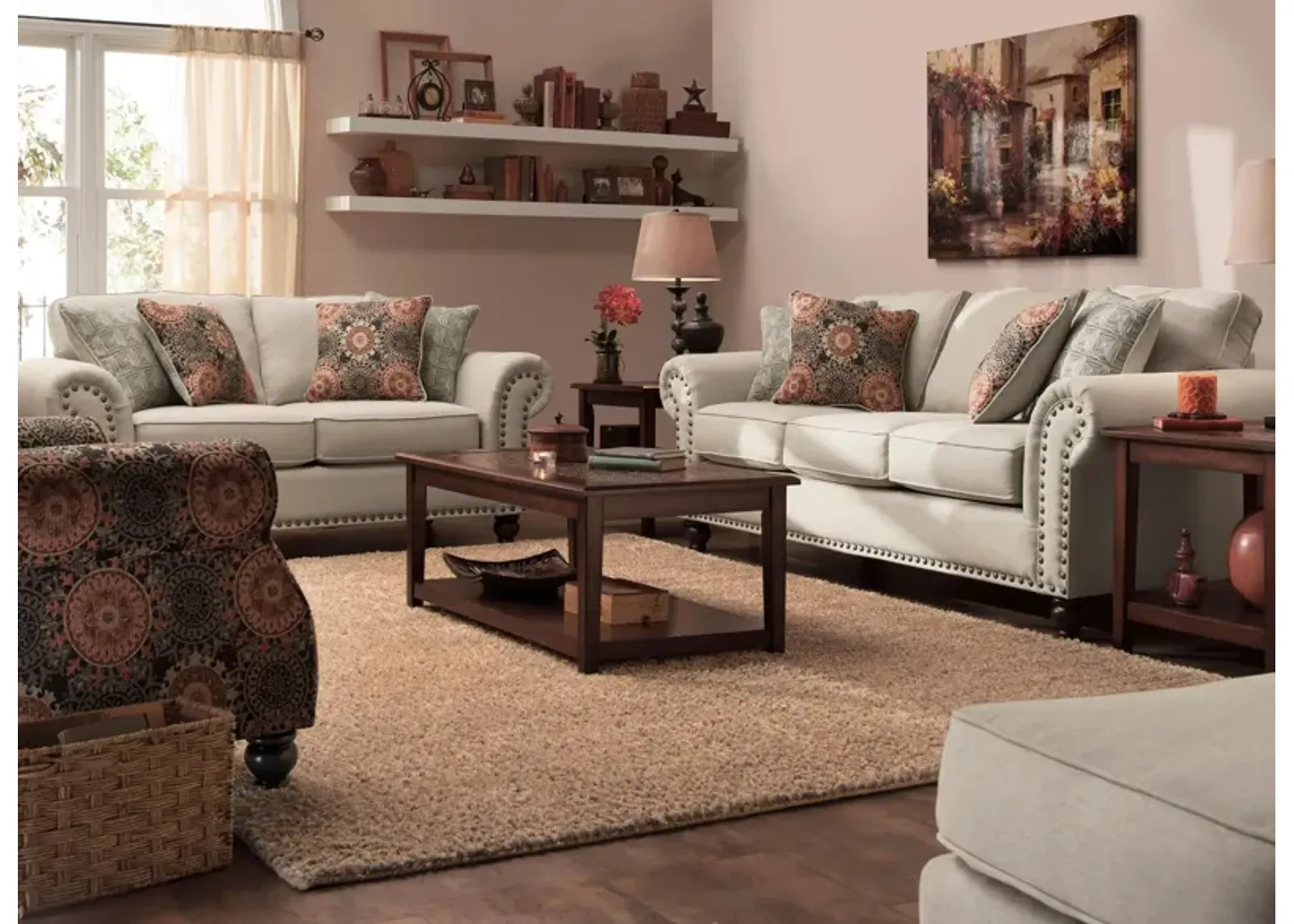 Corliss Living Room Set in Oatmeal / Walnut by Fusion Furniture