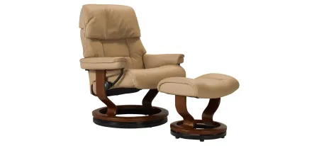 Stressless Ruby Large Leather Reclining Chair and Ottoman w/ Rings in Sand / Brown by Stressless