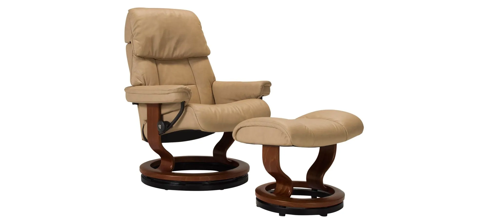 Stressless Ruby Medium Leather Reclining Chair and Ottoman w/ Rings in Sand / Brown by Stressless