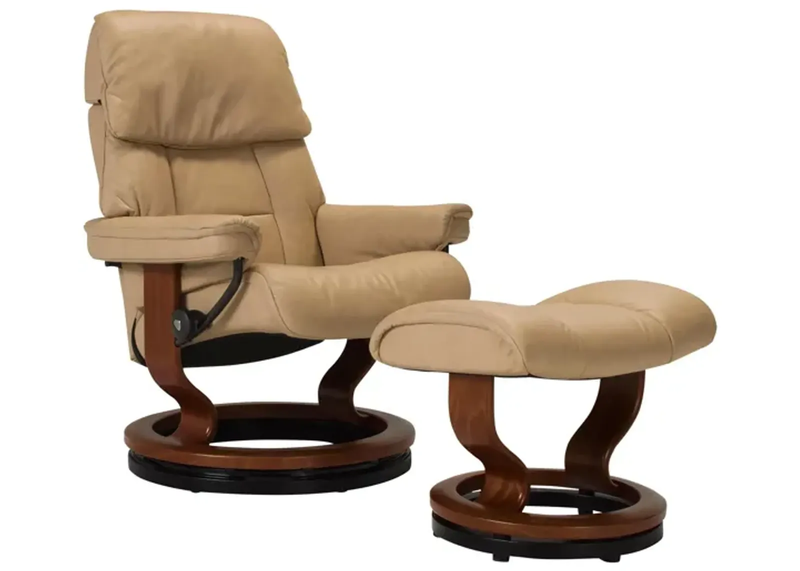 Stressless Ruby Medium Leather Reclining Chair and Ottoman w/ Rings in Sand / Brown by Stressless