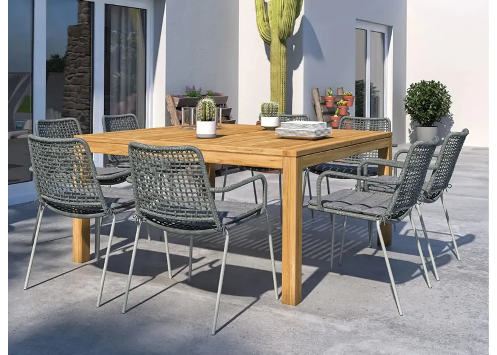 Amazonia Outdoor 9-pc. Square Patio Dining Table Set w/ Rope Steel Chairs in Brown by International Home Miami