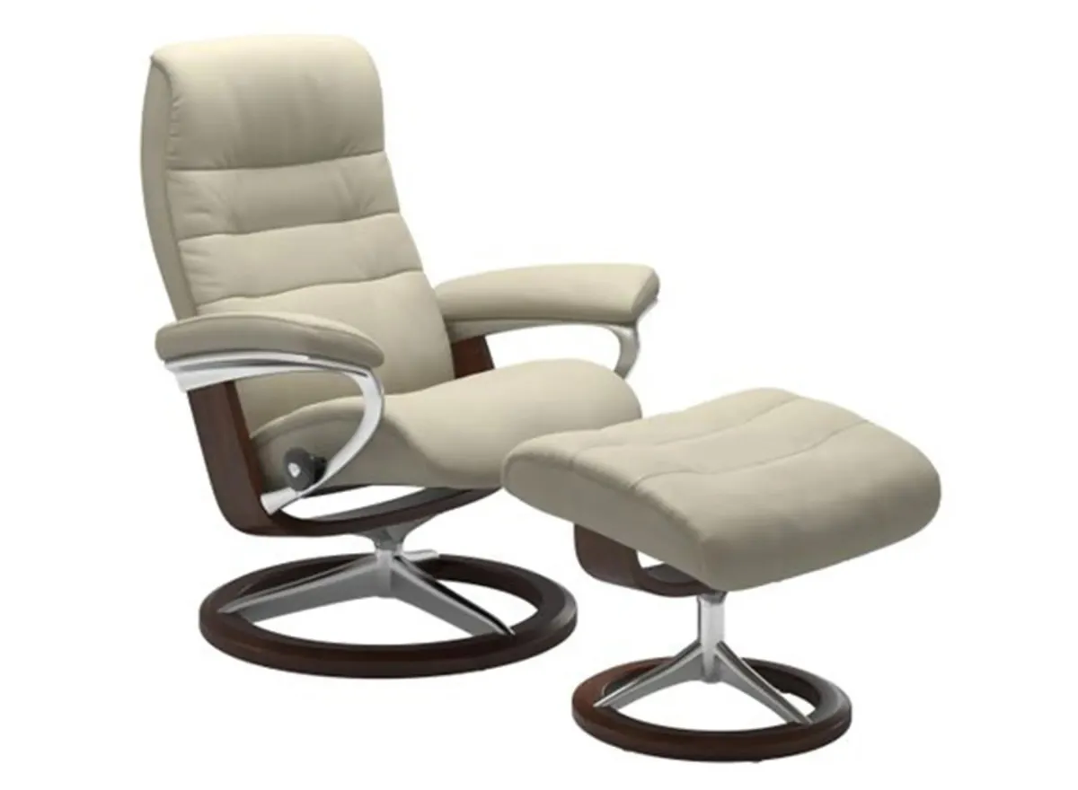 Stressless Opal Large Signature Reclining Chair and Ottoman in Paloma Light Grey/Brown by Stressless