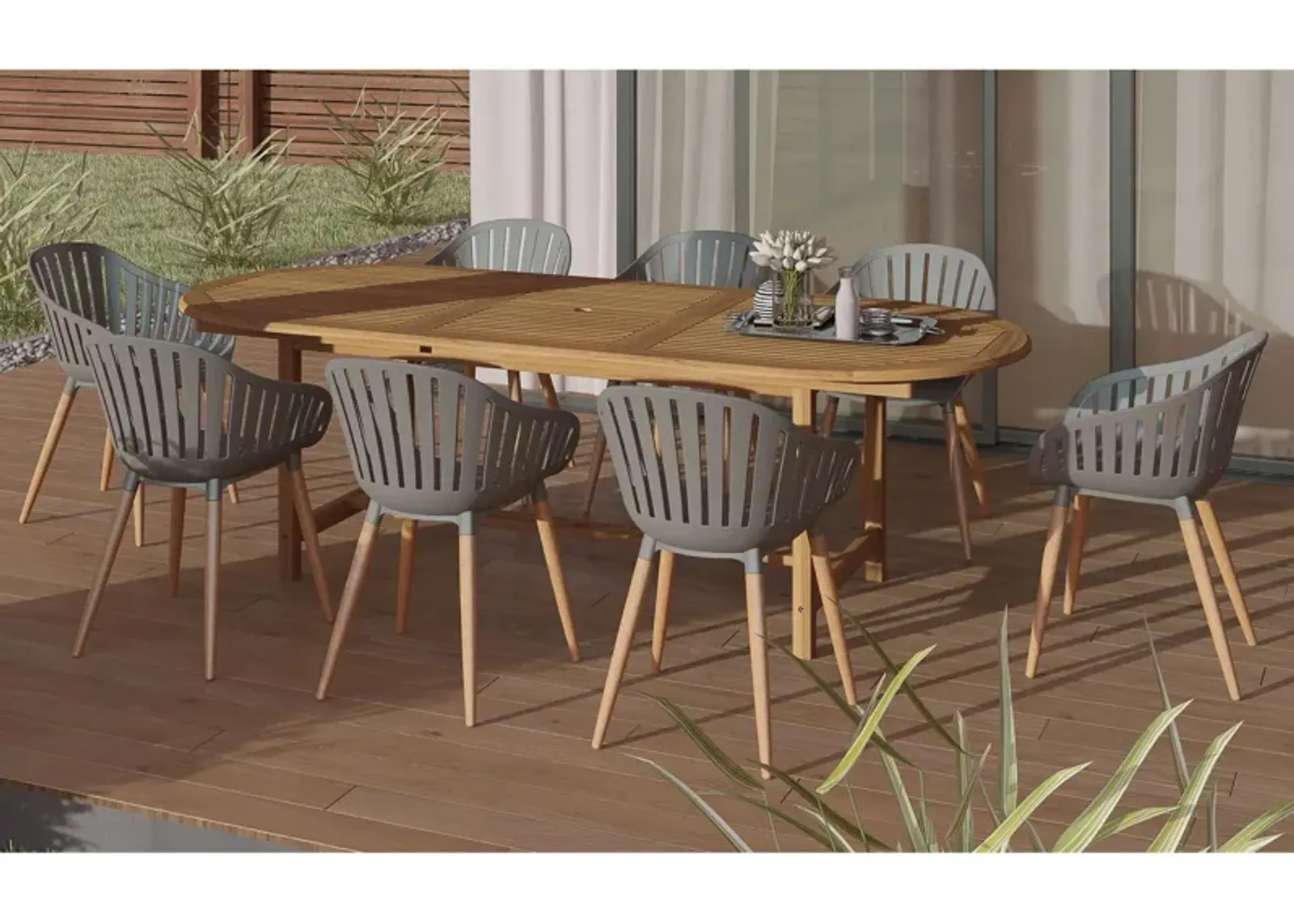 Amazonia Outdoor 9-pc. Oval Patio Dining Table Set w/ Eucalyptus Chairs in Brown by International Home Miami