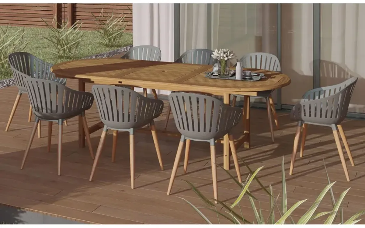 Amazonia Outdoor 9-pc. Oval Patio Dining Table Set w/ Eucalyptus Chairs in Brown by International Home Miami