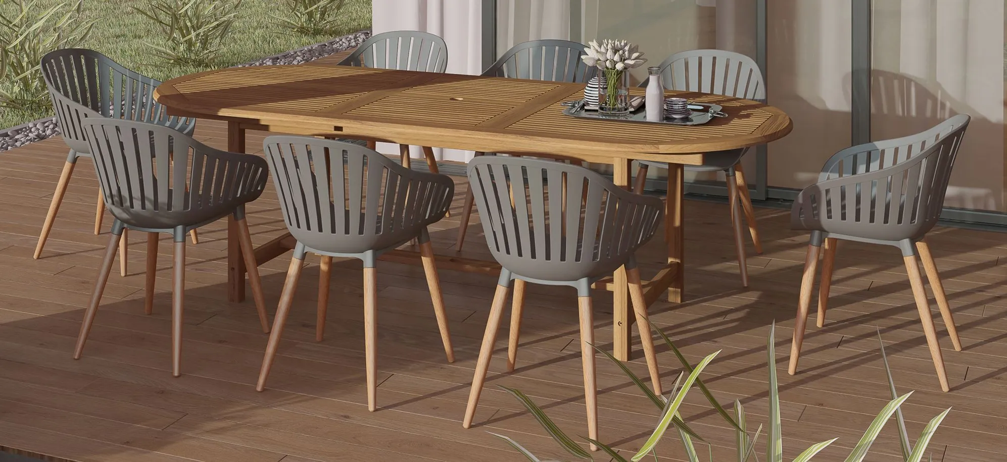 Amazonia Outdoor 9-pc. Oval Patio Dining Table Set w/ Eucalyptus Chairs in Brown by International Home Miami