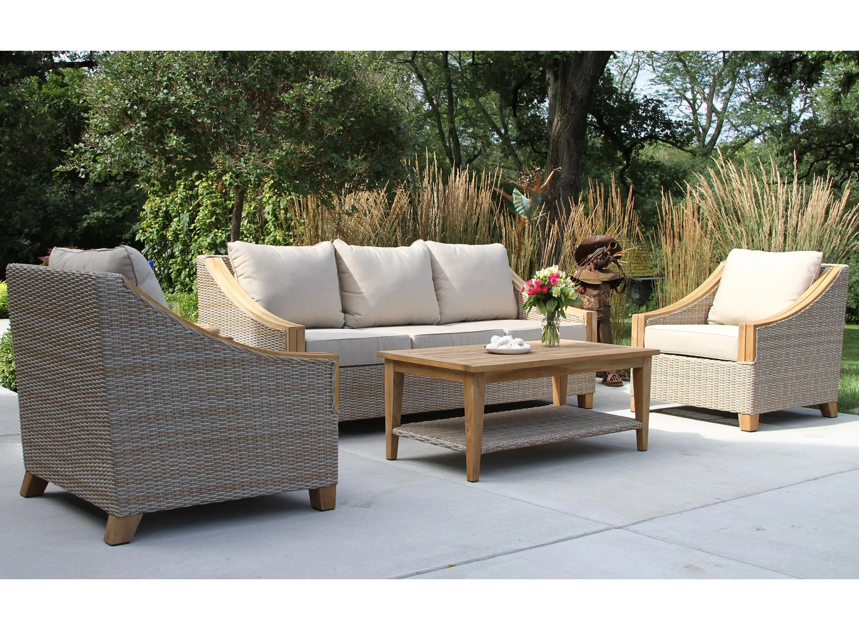 Sea Drift 4-pc. Wicker and Teak Outdoor Sofa Set with Sunbrella Cushions in Natural/Navy by Outdoor Interiors