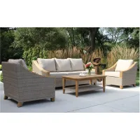 Sea Drift 4-pc. Wicker and Teak Outdoor Sofa Set with Sunbrella Cushions in Natural/Navy by Outdoor Interiors