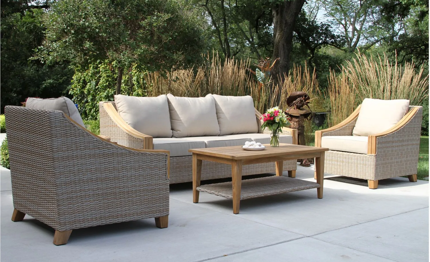 Sea Drift 4-pc. Wicker and Teak Outdoor Sofa Set with Sunbrella Cushions in Natural/Navy by Outdoor Interiors