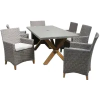 Nautical 7-pc. Teak and Wicker Outdoor Trestle Dining Set in Natural/Navy by Outdoor Interiors