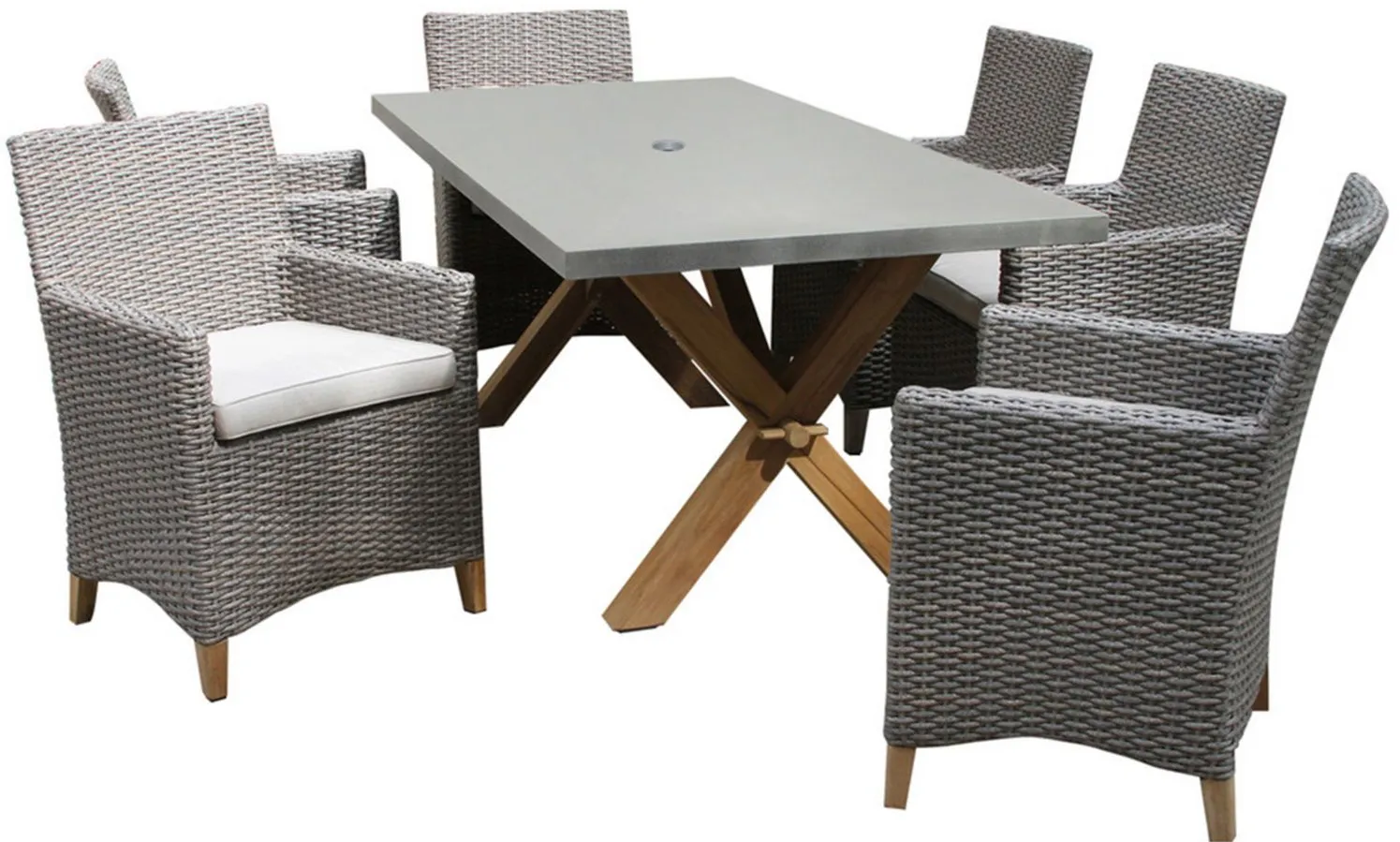 Nautical 7-pc. Teak and Wicker Outdoor Trestle Dining Set in Natural/Navy by Outdoor Interiors