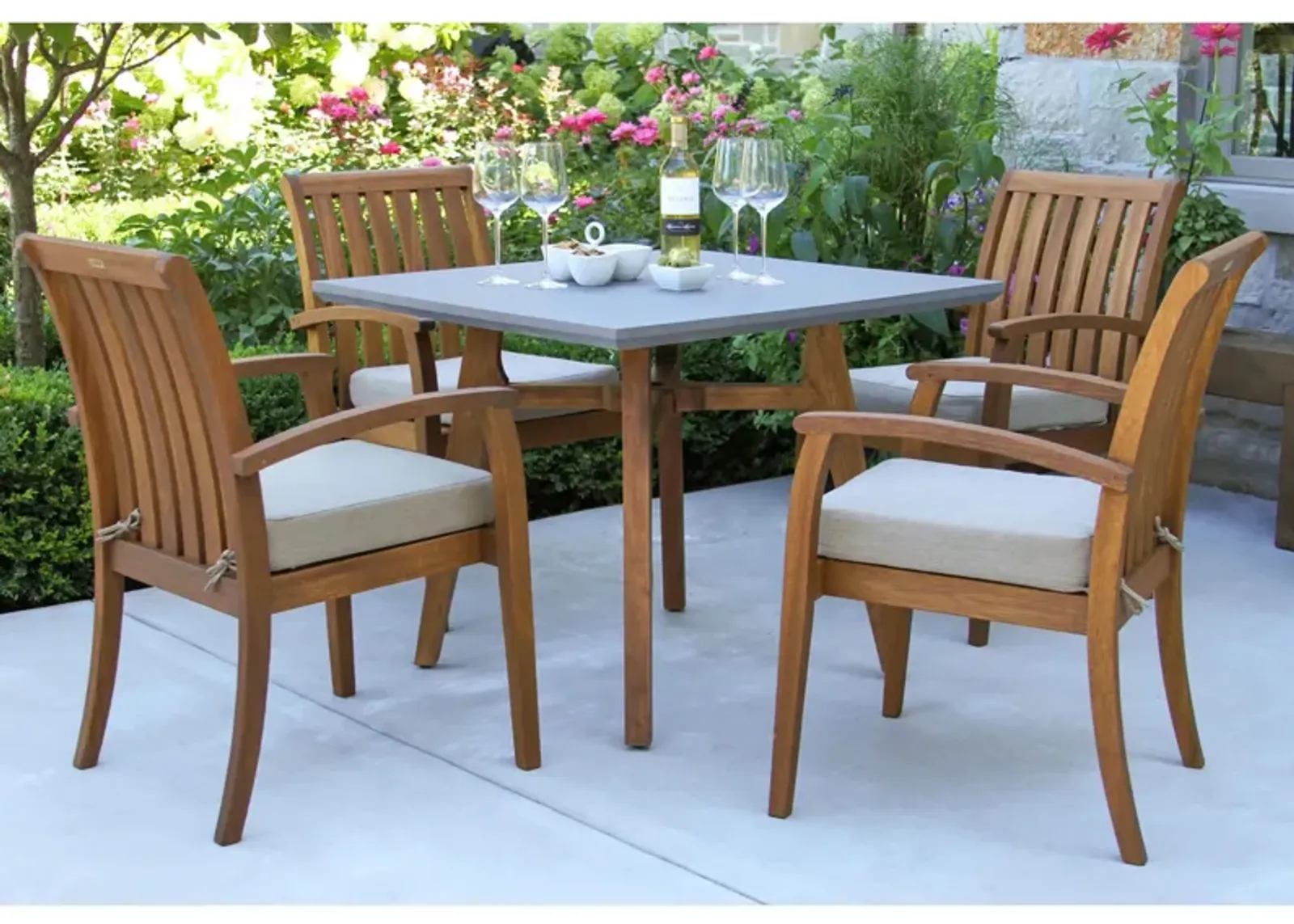 Park Lake 5-pc. Small Space Outdoor Dining Set w/ Eucalyptus Stacking Chairs in Pearl White by Outdoor Interiors