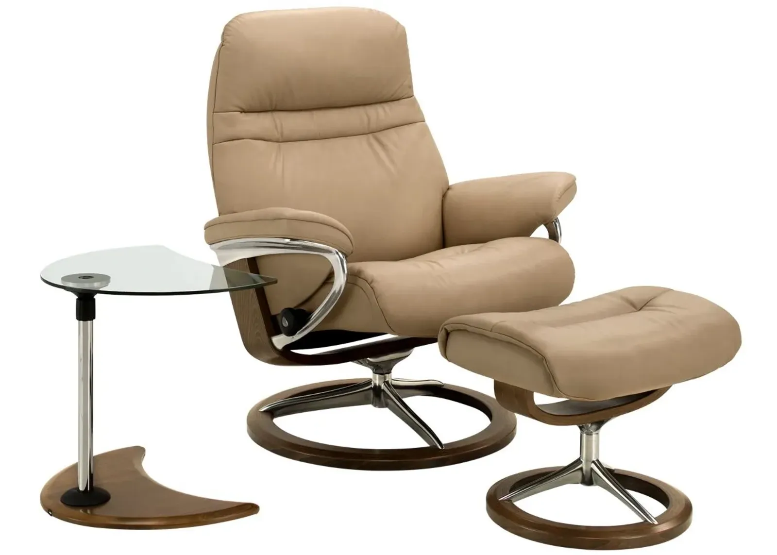 Stressless Sunrise Large Leather Chair, Ottoman and USB Table in Sand by Stressless