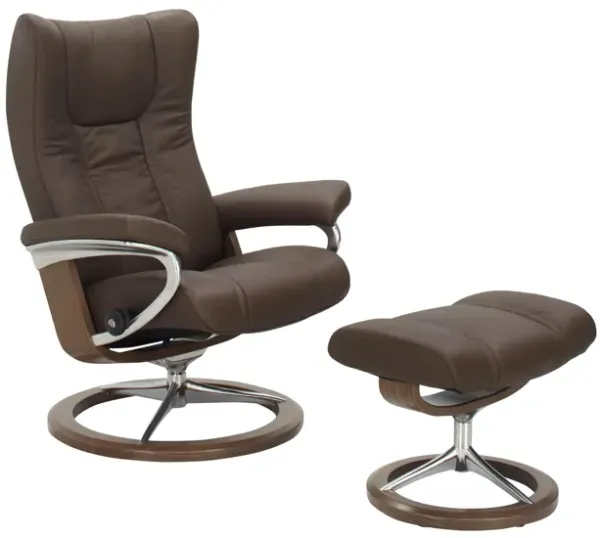 Stressless Wing Medium Signature Leather Reclining Chair and Ottoman
