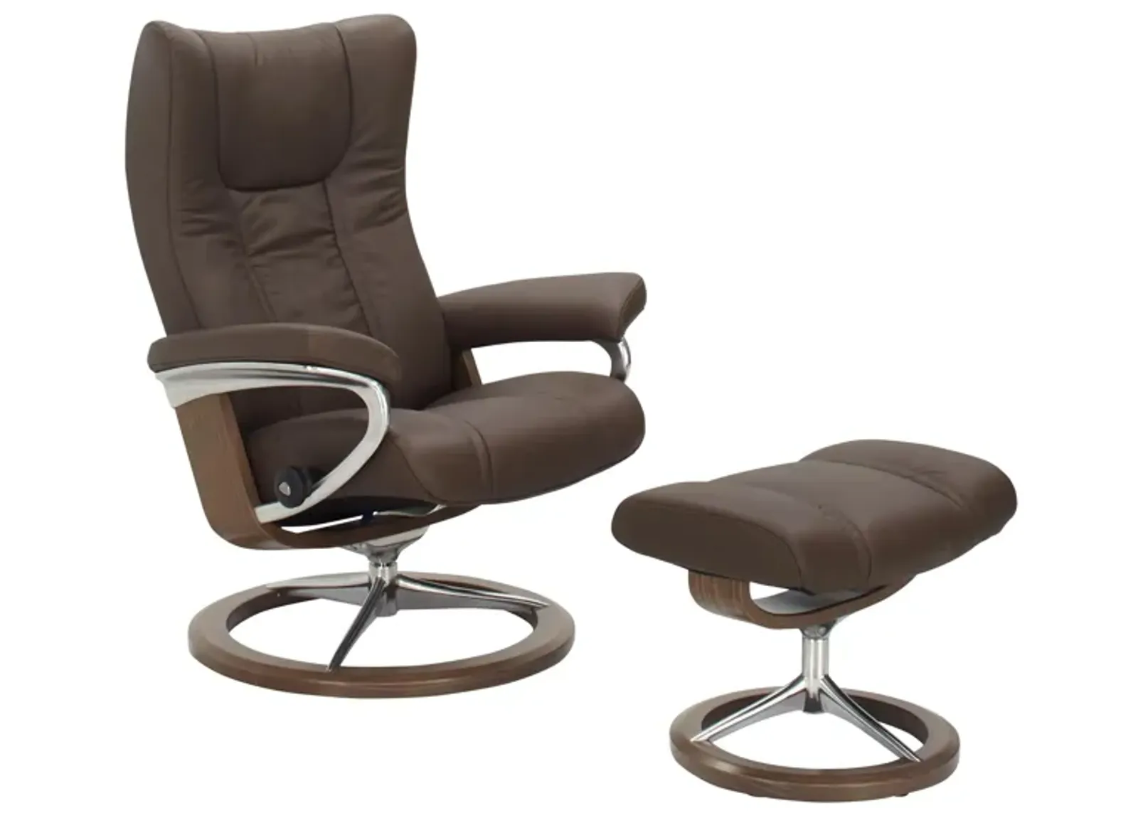 Stressless Wing Medium Signature Leather Reclining Chair and Ottoman in Brown by Stressless