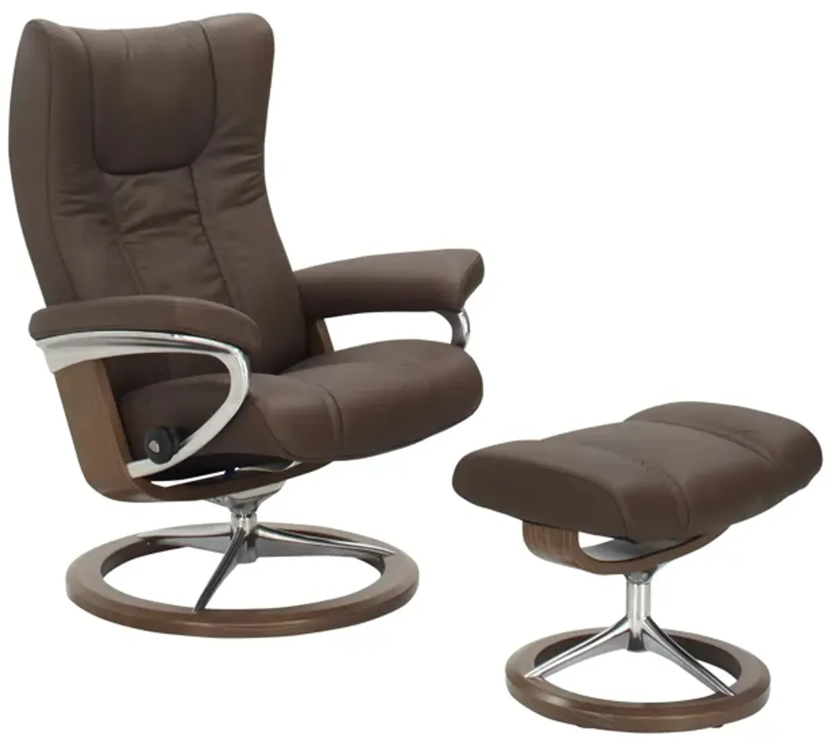 Stressless Wing Medium Signature Leather Reclining Chair and Ottoman in Brown by Stressless