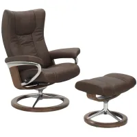 Stressless Wing Medium Signature Leather Reclining Chair and Ottoman in Brown by Stressless