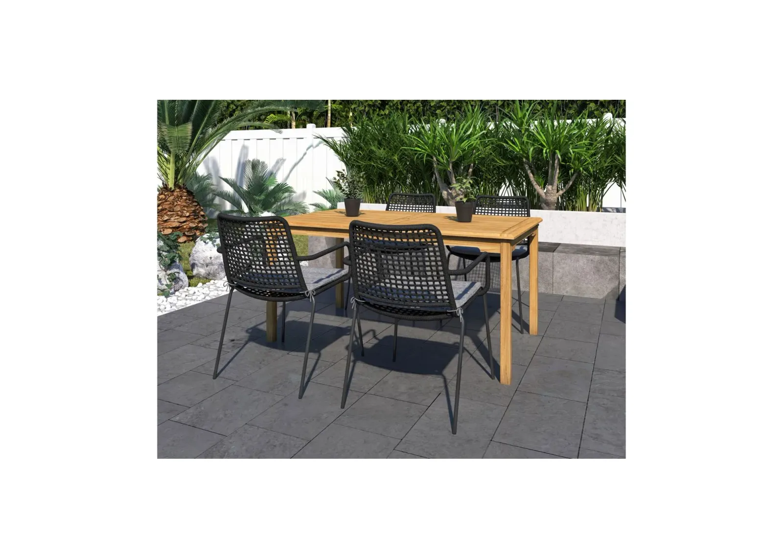 Amazonia Outdoor 5-pc. Rectangular Patio Dining Table Set w/ Rope Steel Chairs in Dark Gray by International Home Miami