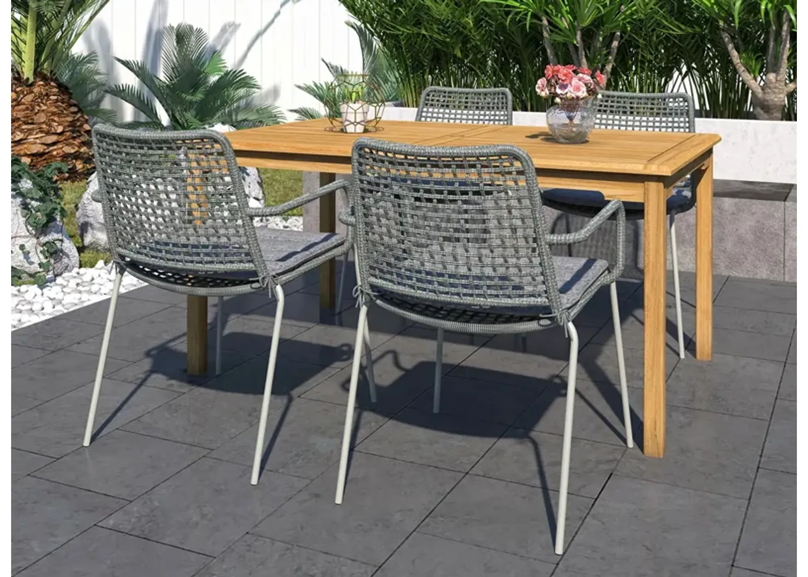 Amazonia Outdoor 5-pc. Rectangular Patio Dining Table Set w/ Rope Steel Chairs in Dark Gray by International Home Miami