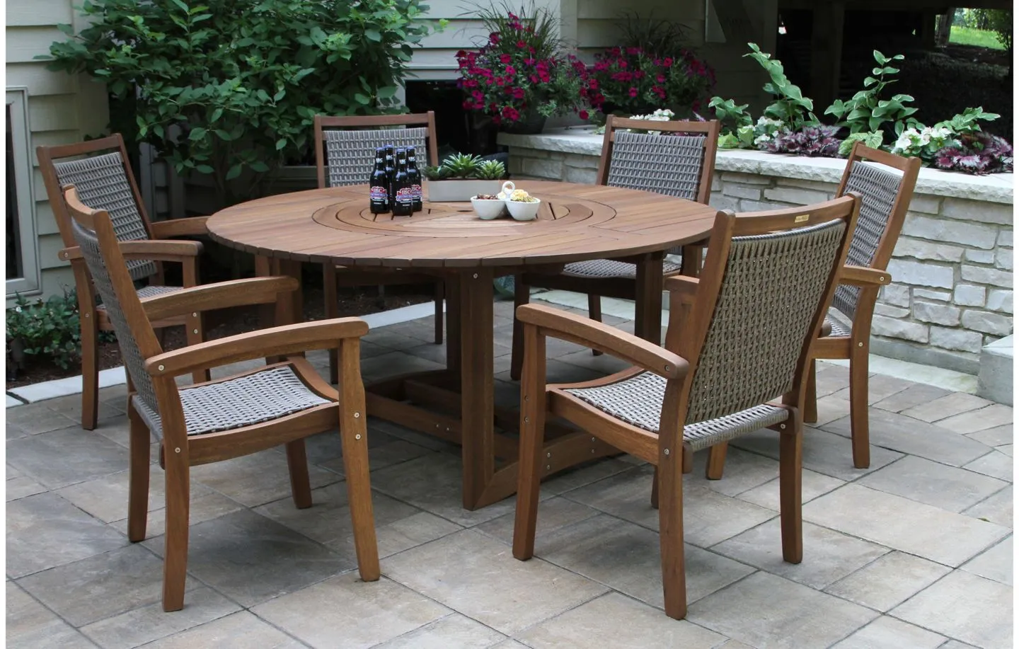 Farmhouse 7-pc. Eucalyptus Outdoor Dining set w/ Stacking Armchairs