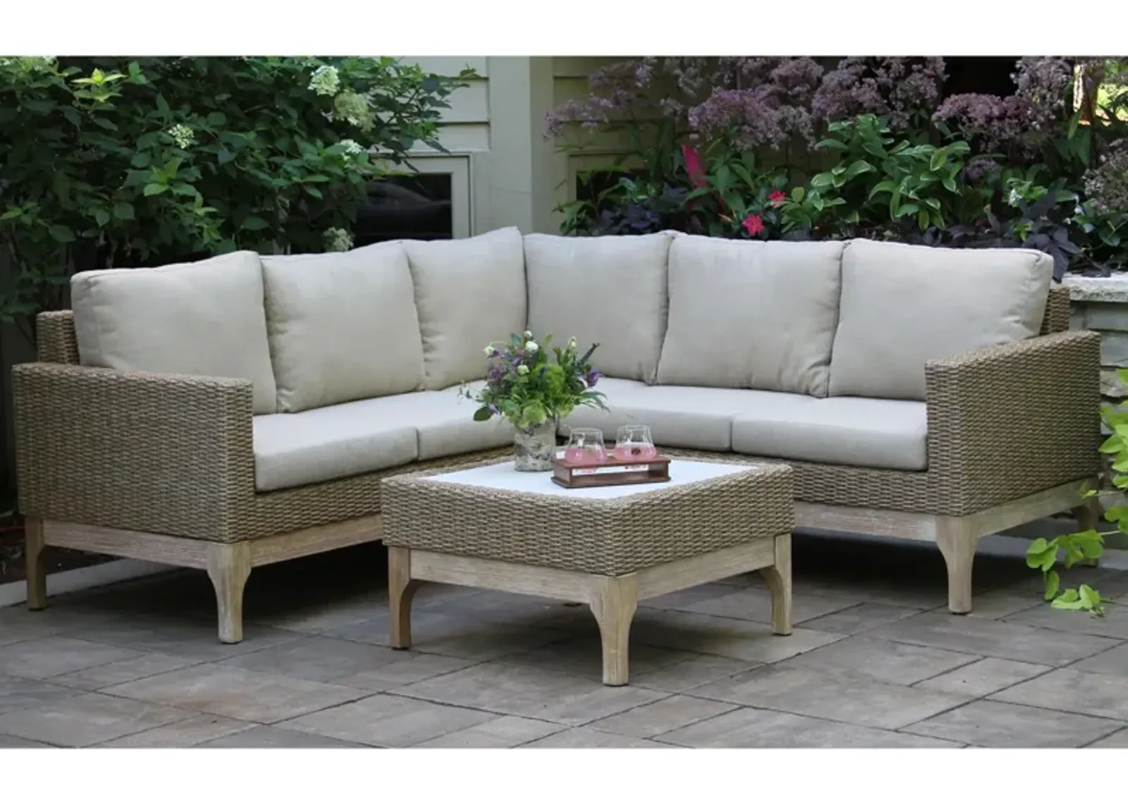 Sea Drift Eucalyptus 2-pc. Outdoor Sectional with Coffee Table in Gray Wash by Outdoor Interiors