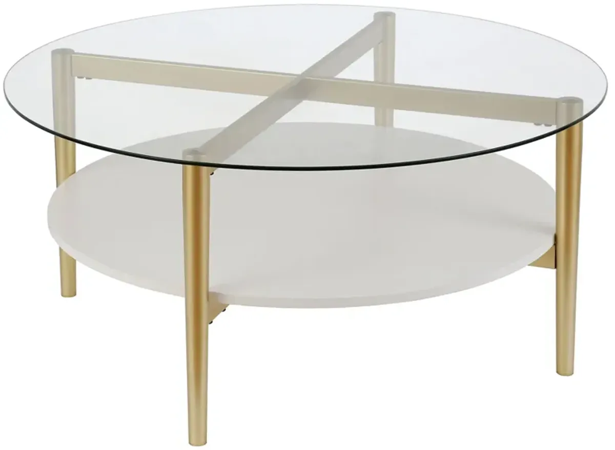 Otto Round Coffee Table with Lacquer Shelf in Brass and White Lacquer by Hudson & Canal