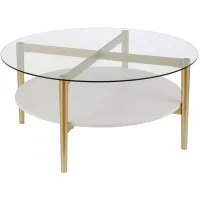 Otto Round Coffee Table with Lacquer Shelf in Brass and White Lacquer by Hudson & Canal