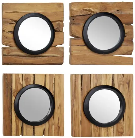 Ivy Collection Set of 4 Brown Teak Wood Floral Wall Mirrors in Brown by UMA Enterprises
