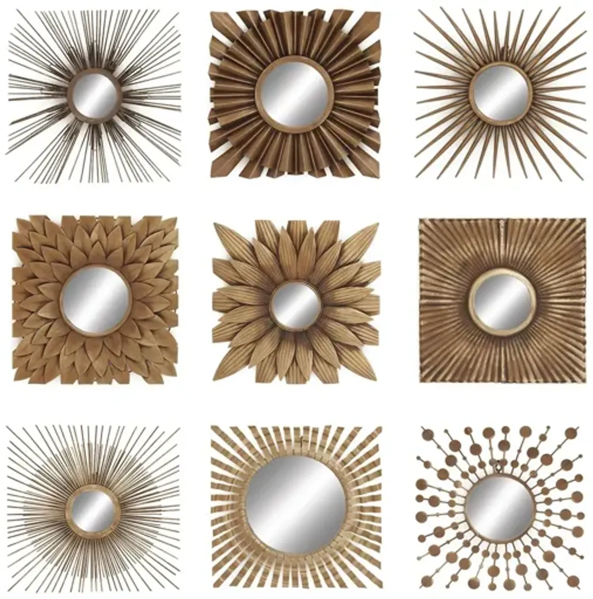 Ivy Collection Set of 9 Gold Metal Wall Mirrors in Gold by UMA Enterprises