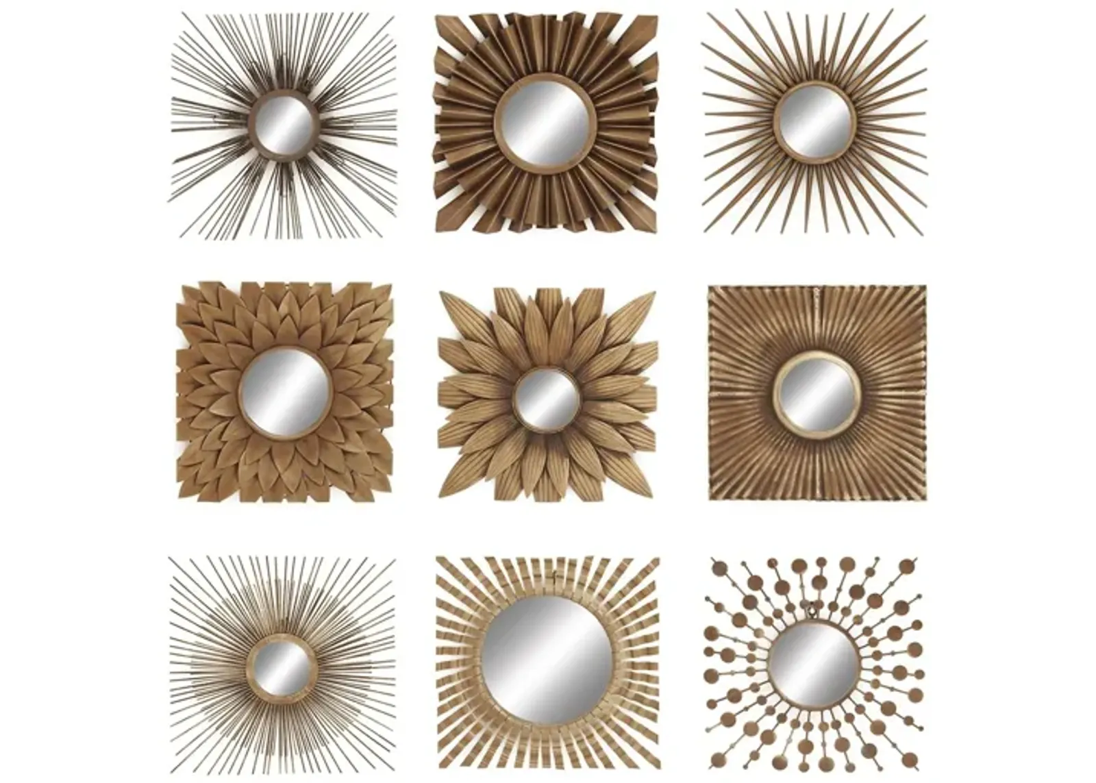 Ivy Collection Set of 9 Gold Metal Wall Mirrors in Gold by UMA Enterprises