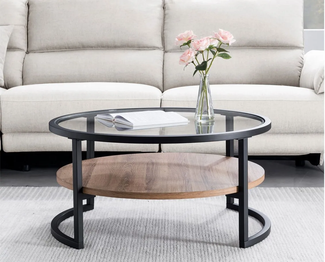 Quentin Round Coffee Table in Blackened Bronze/Medium Oak by Hudson & Canal