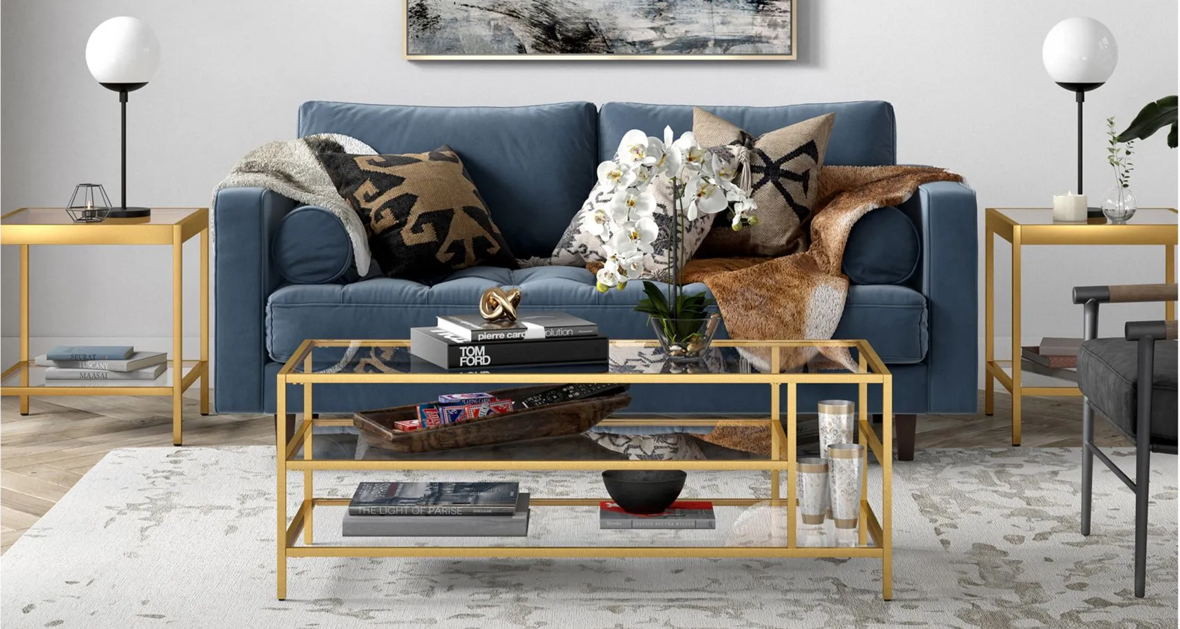 Zinnia Rectangular Coffee Table with Glass Shelves in Brass by Hudson & Canal