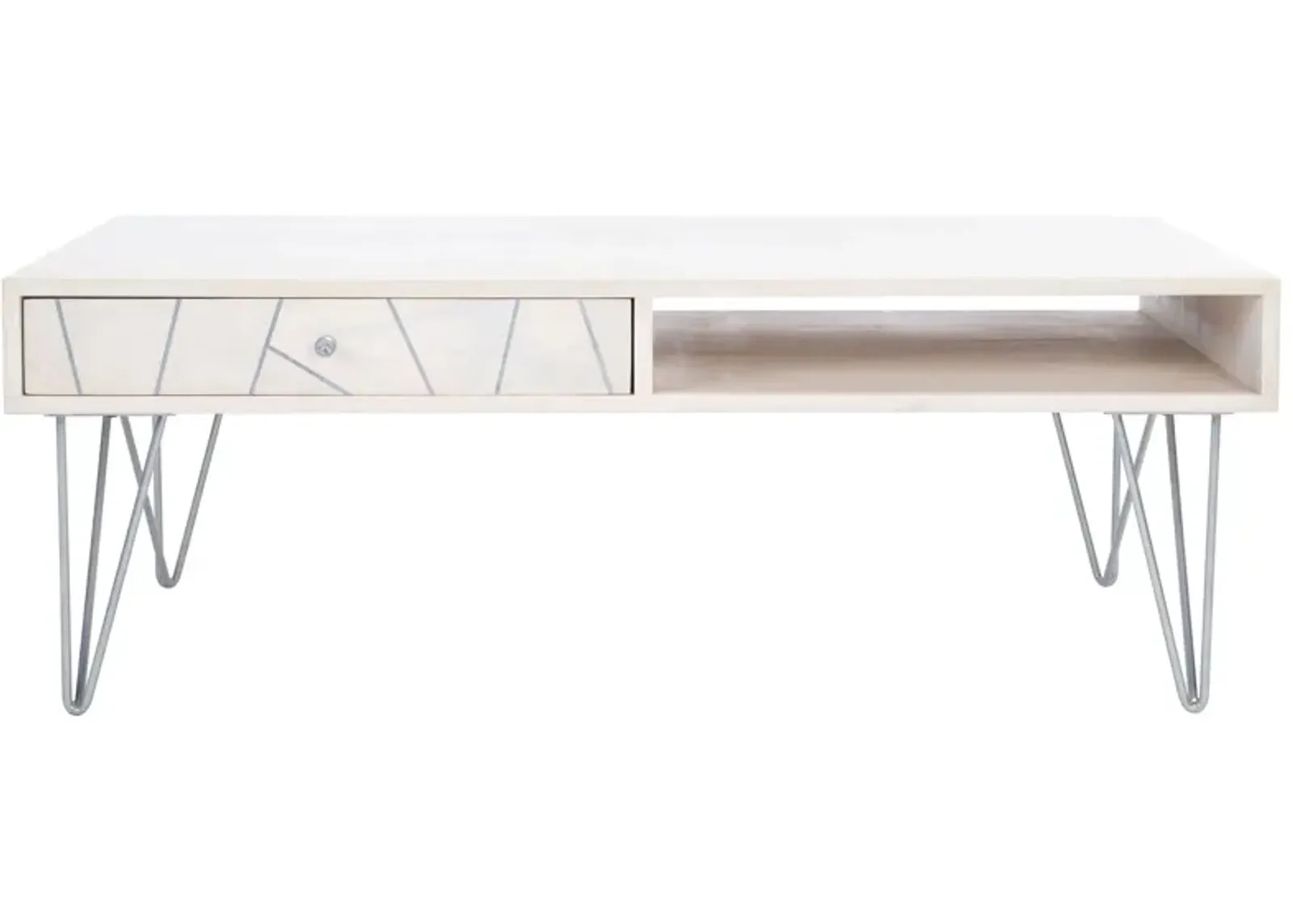 Aviator Coffee Table in White Wash with Silver Accents by Safavieh