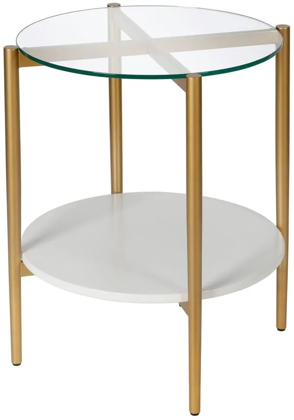 Otto Round Side Table with Lacquer Shelf in Brass and White Lacquer by Hudson & Canal