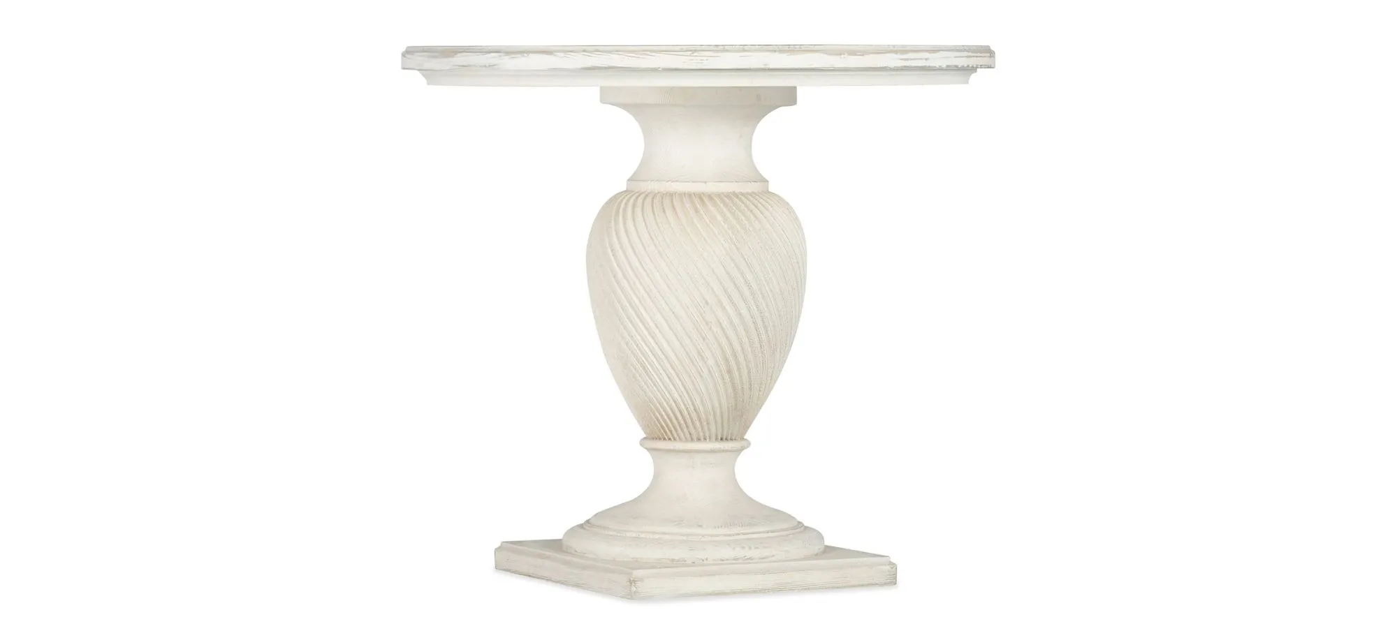 Traditions Round End Table in Magnolia: a soft white finish. Distressing includes rasping, wormholes and sandblasting. by Hooker Furniture
