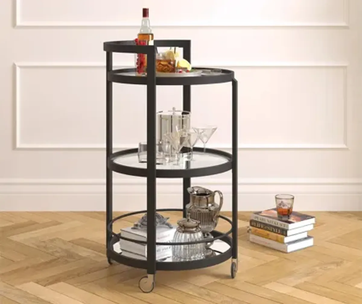 Hause Round Bar Cart with Mirrored Shelf